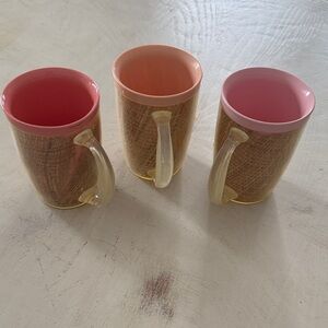 Vintage 1970’s MCM set of 3 Pink Rim Woven-Pattern Rattan and Melamine Mugs